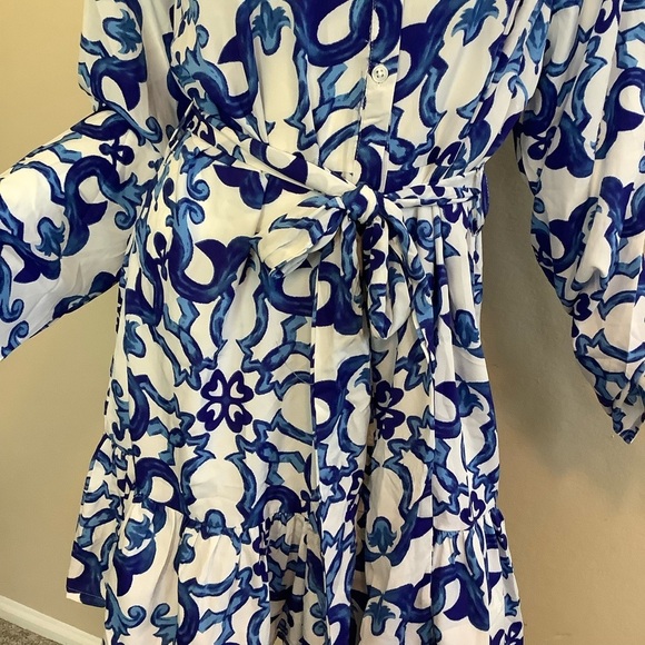 Blue and White Patterned Women's Shirt Dress - Picture 5 of 7